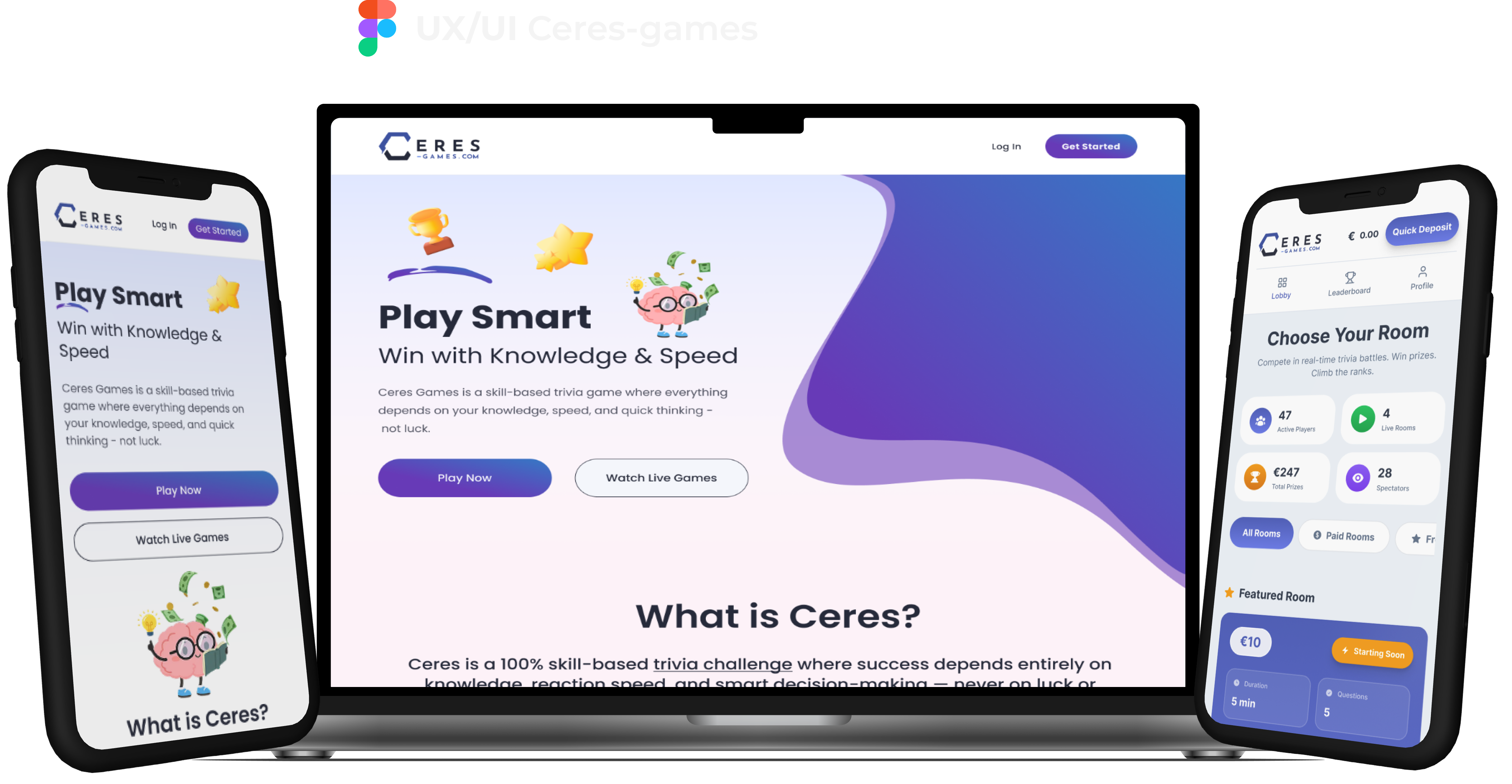 Проект Ceres Games, показан на лаптоп и мобилни екрани.