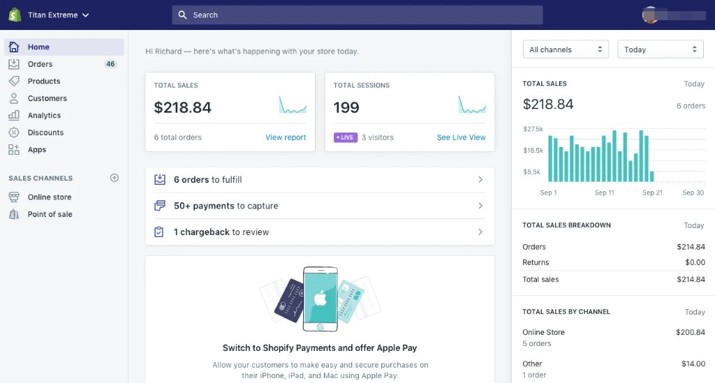 Shopify админ панел с преглед на продажби, поръчки за изпълнение и аналитика.