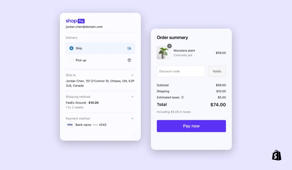 Shop Pay checkout с доставка, начин на плащане и обобщение на поръчката.